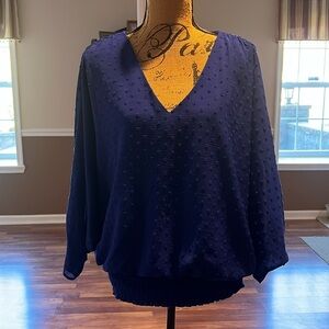 Vince Camuto size XL blue vneck blouse with bat wing sleeves with slit on them